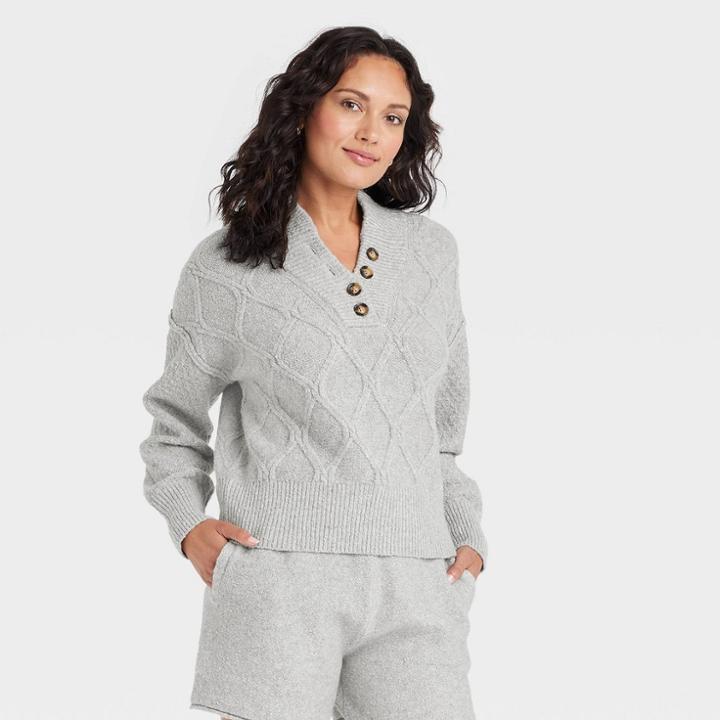 Women's Henley Neck Button-front Pullover Sweater - Universal Thread Gray