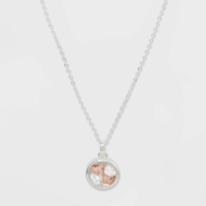 No Brand Double Butterfly Crystal Two Tone Necklace - Silver, Women's, Pink