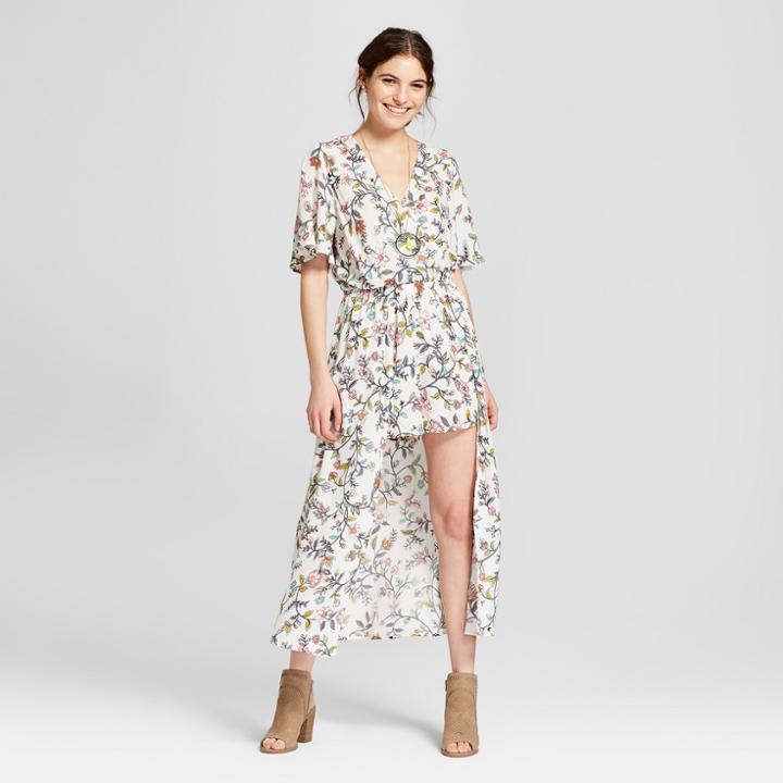 Women's Floral Print V-neck Walk Through Romper - Lots Of Love By Speechless (juniors') Ivory