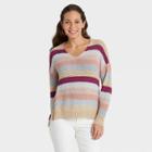 Women's Striped V-neck Pullover Sweater - Knox Rose Pink