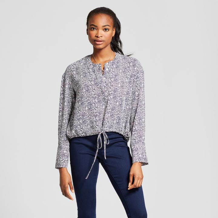Women's Long Sleeve Drawstring Blouse - Mossimo White/navy Print