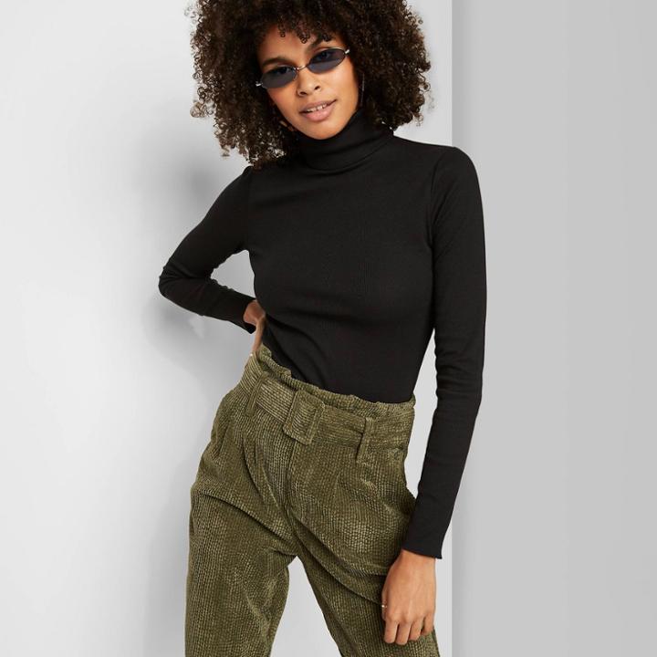 Women's Long Sleeve Mock Turtleneck Ribbed T-shirt - Wild Fable Black
