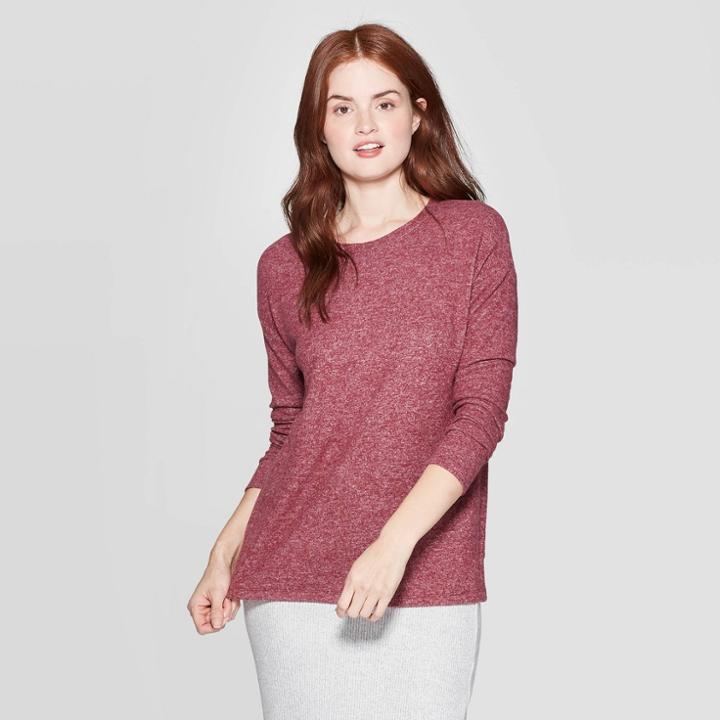 Women's Long Sleeve Crewneck T-shirt - A New Day Burgundy (red)