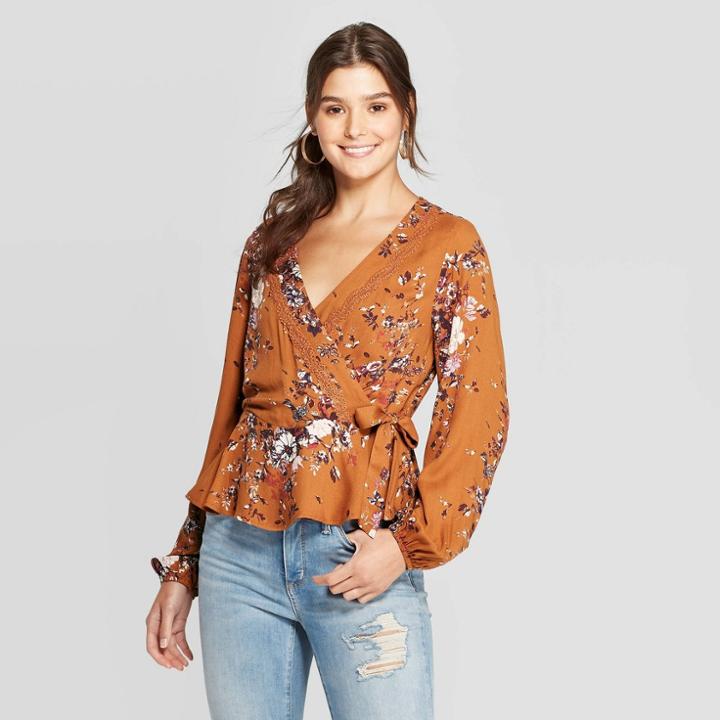 Women's Floral Print V-neck Long Sleeve Wrap Top - Xhilaration Mustard Xs, Women's, Gold