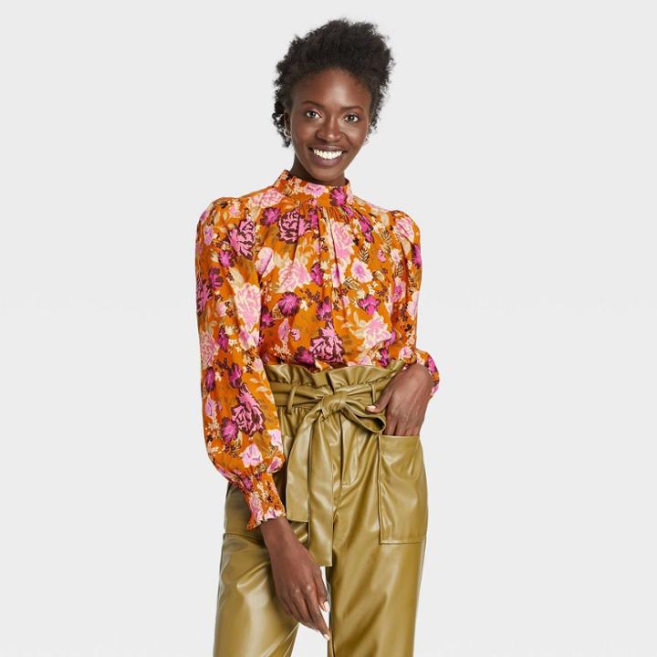 Women's Puff Long Sleeve Boat Neck Top - Who What Wear Orange Floral