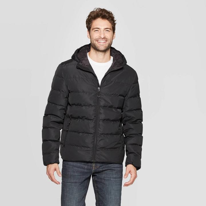 Men's Full Zip Hooded Puffer Jacket - Goodfellow & Co Black Xl,