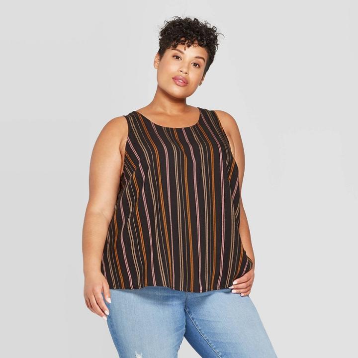 Women's Plus Size Striped Scoop Neck Button Back Tank Top - Ava & Viv Black