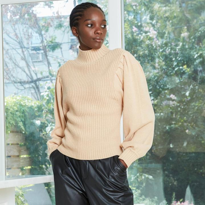 Women's Mock Turtleneck Chunky Pleat Sleeve Pullover Sweater - Prologue Tan