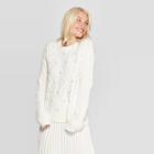 Women's Long Sleeve Crewneck Embellished Pullover Sweater - A New Day Cream S, Size:
