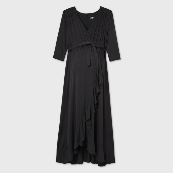 3/4 Sleeve Knit Wrap Maternity Dress - Isabel Maternity By Ingrid & Isabel Black