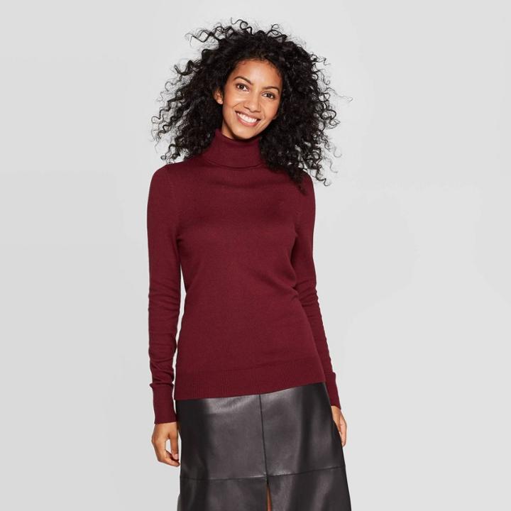 Women's Long Sleeve Ribbed Cuff Turtleneck Sweater - A New Day Burgundy S, Size: