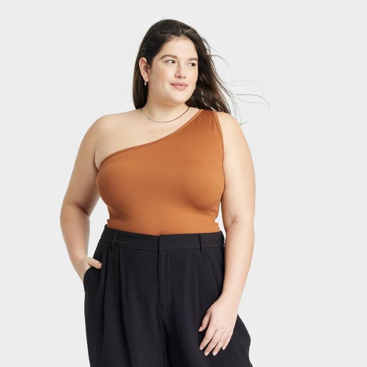 Women's One Shoulder Slim Fit Seamless Ribbed Tank Top - A New Day Brown