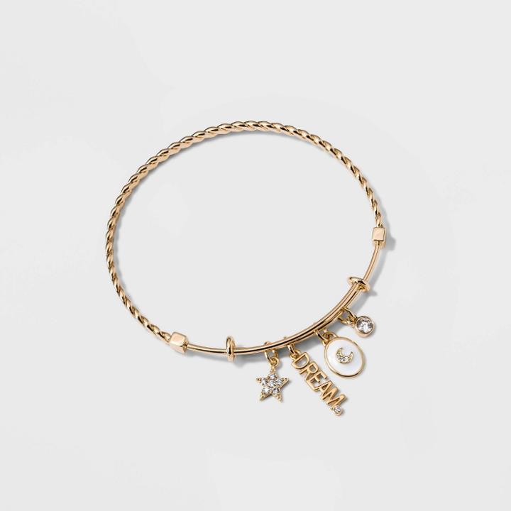 No Brand Gold Plated 'dream' Cubic Zirconia Star And White Enamel Moon Charm Twist Bangle Bracelet - Gold