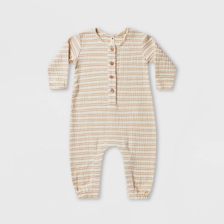 Q By Quincy Mae Baby Striped Woven Long Sleeve Jumpsuit - Cream