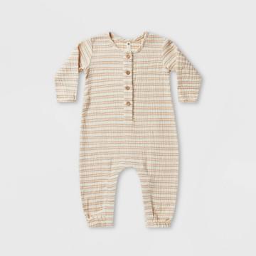 Q By Quincy Mae Baby Striped Woven Long Sleeve Jumpsuit - Cream