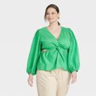 Women's Plus Size Puff Long Sleeve V-neck Twist-front Top - A New Day Green/white Polka Dot