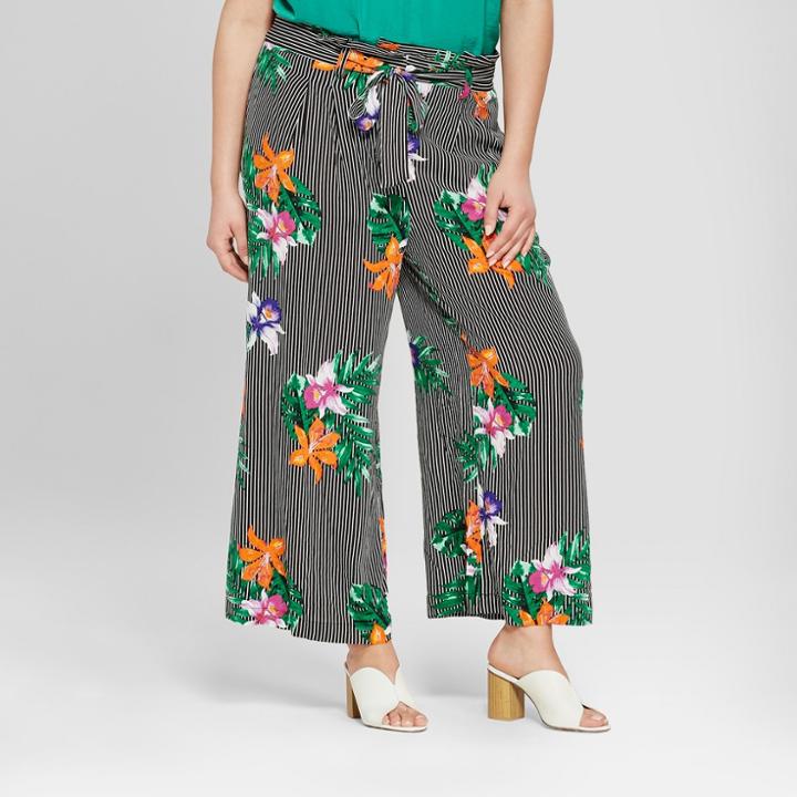Women's Plus Size Striped Floral Print Relaxed Paperbag Crop Pants - Who What Wear Black/white