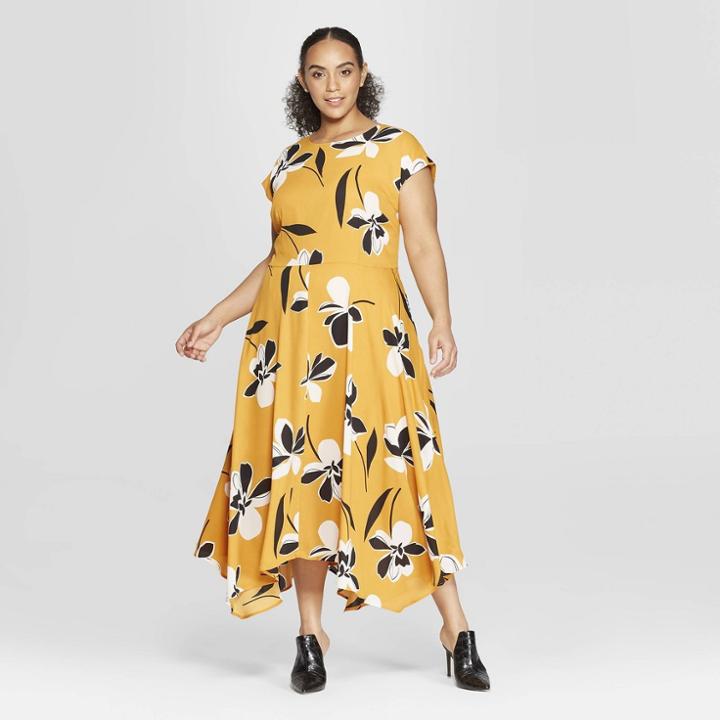 Women's Plus Size Floral Print Cap Sleeve Asymmetric Hem Midi Dress - Who What Wear Yellow X