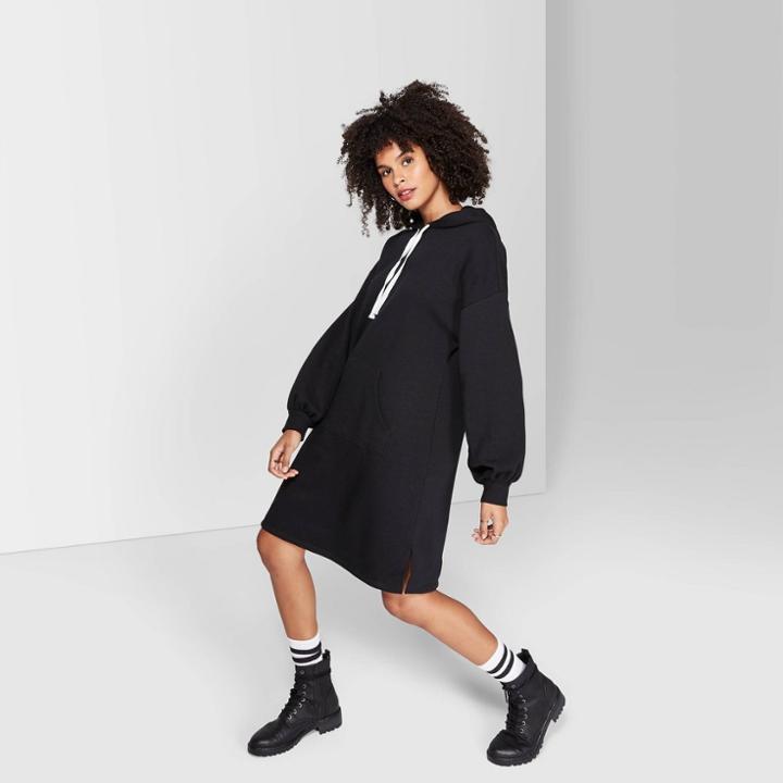 Women's Long Sleeve Hooded Sweatshirt Dress - Wild Fable Black