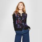 Women's Floral Print Embroidered Crewneck Cardigan - A New Day Black