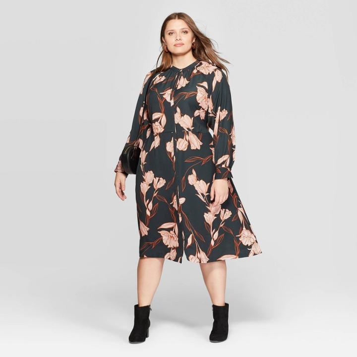 Women's Plus Size Floral Print Long Sleeve V-neck Midi Shirtdress - A New Day Olive 3x, Women's, Size: