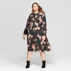 Women's Plus Size Floral Print Long Sleeve V-neck Midi Shirtdress - A New Day Olive 3x, Women's, Size: