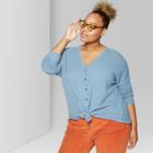 Women's Plus Size Oversized Long Sleeve Thermal Front Tie T-shirt - Wild Fable Denim Blue
