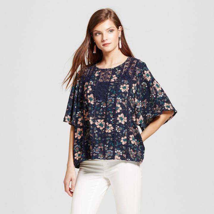 Women's Kimono Sleeve Floral Top With Crochet And Cami - Knox Rose Navy