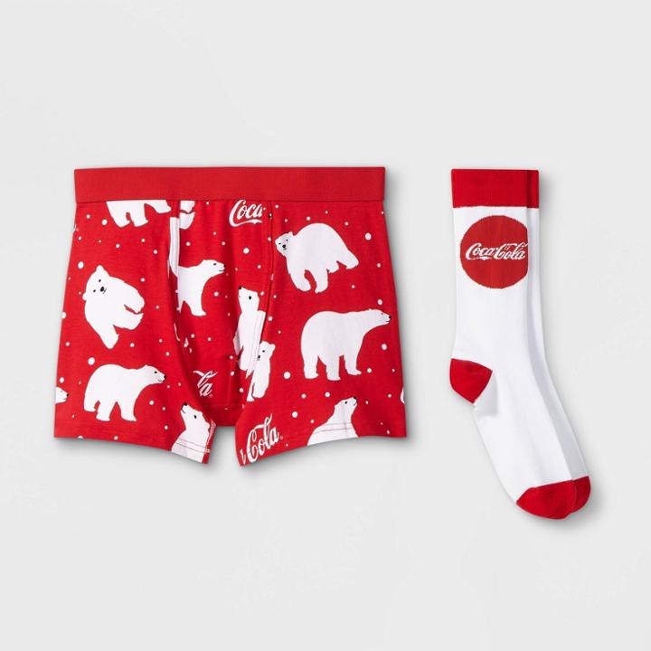 Coca-cola Men's Holiday Coca Cola Polar Bears Boxer Briefs & Socks Set - White/red