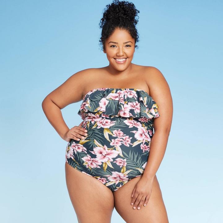 Women's Plus Size Bandeau Flounce One Piece Swimsuit - Kona Sol Floral 14w, Women's,