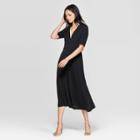 Women's Short Sleeve V-neck Button Front A Line Midi Dress - Who What Wear Black