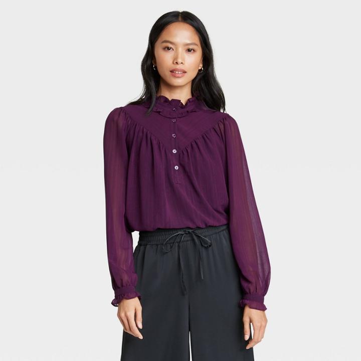Women's Floral Print Balloon Long Sleeve Ruffle Blouse - Who What Wear Purple