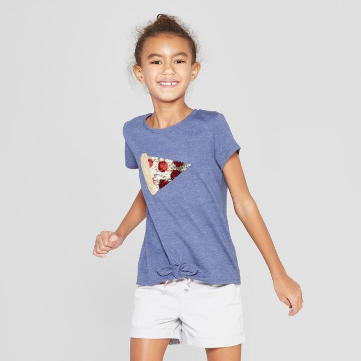 Girls' Short Sleeve Tie Front Pizza Flip Sequins T-shirt - Cat & Jack Navy