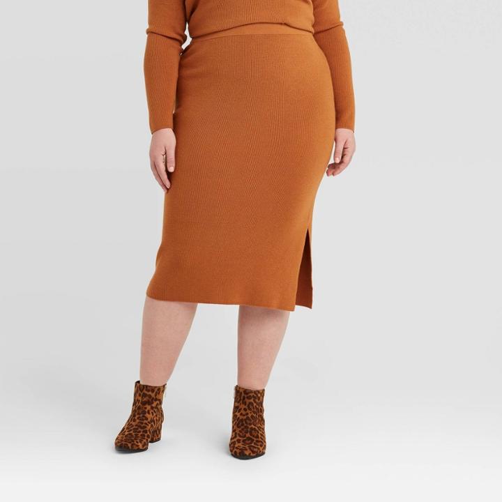 Women's Plus Size Sweater Midi Skirt - Ava & Viv Rust X, Women's, Brown