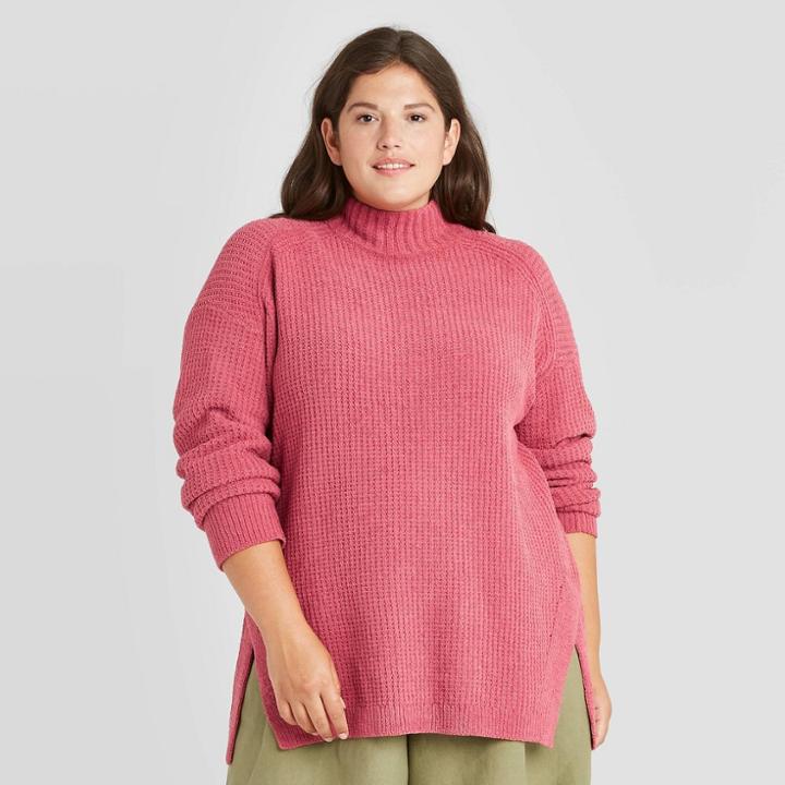 Women's Plus Size Mock Turtleneck Tunic Pullover Sweater - A New Day Pink