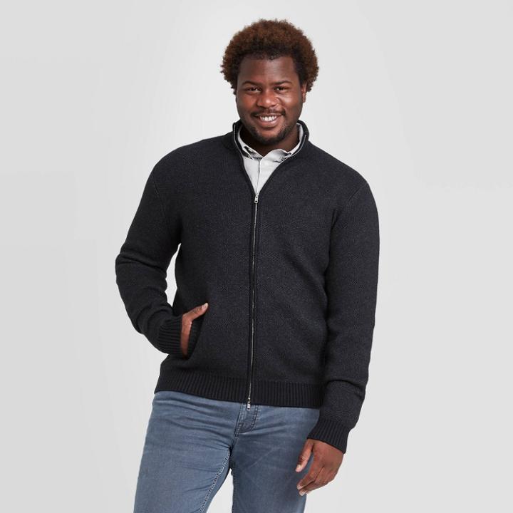 Men's Tall Jacquard Regular Fit Full-zip Sweater - Goodfellow & Co Black