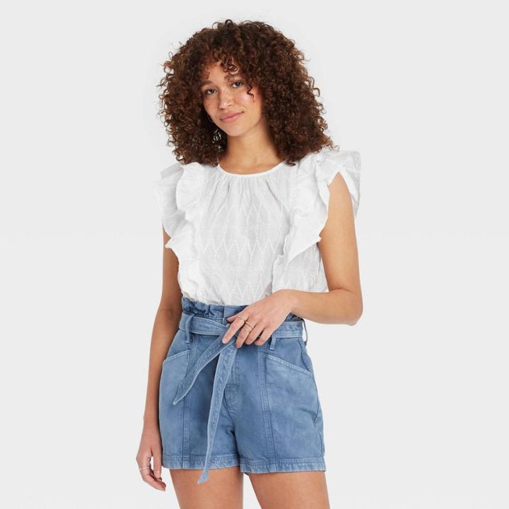 Women's Flounce Sleeveless Embroidered Ruffle Blouse - Universal Thread White