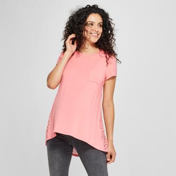 Maternity Short Sleeve Lace Back Top - Macherie - Coral (pink)