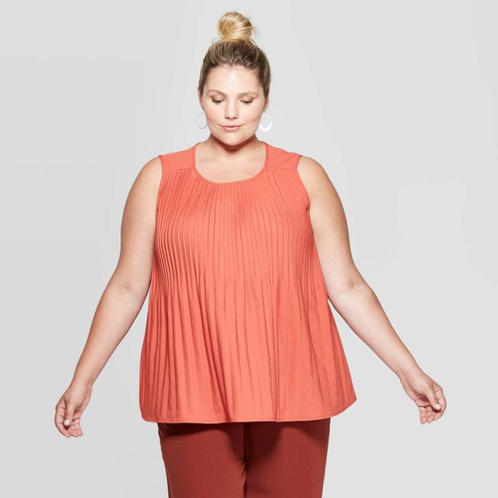 Women's Plus Size Sleeveless Crewneck Pleated Top - Ava & Viv Coral 2x, Women's, Size: