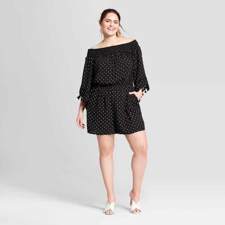 Women's Plus Size Polka Dot Off The Shoulder Romper - Xhilaration Black