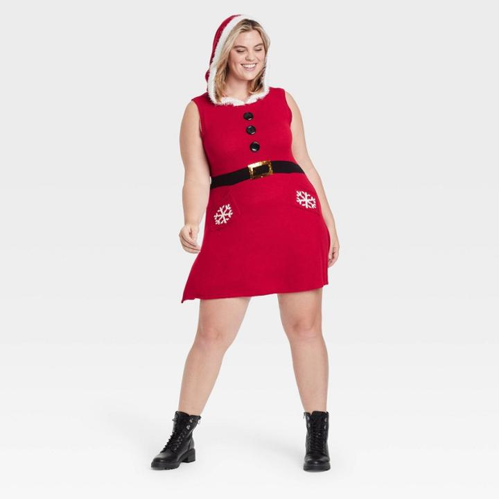 Born Famous Women's Plus Size Santa Sleeveless Hooded Graphic Dress - Red