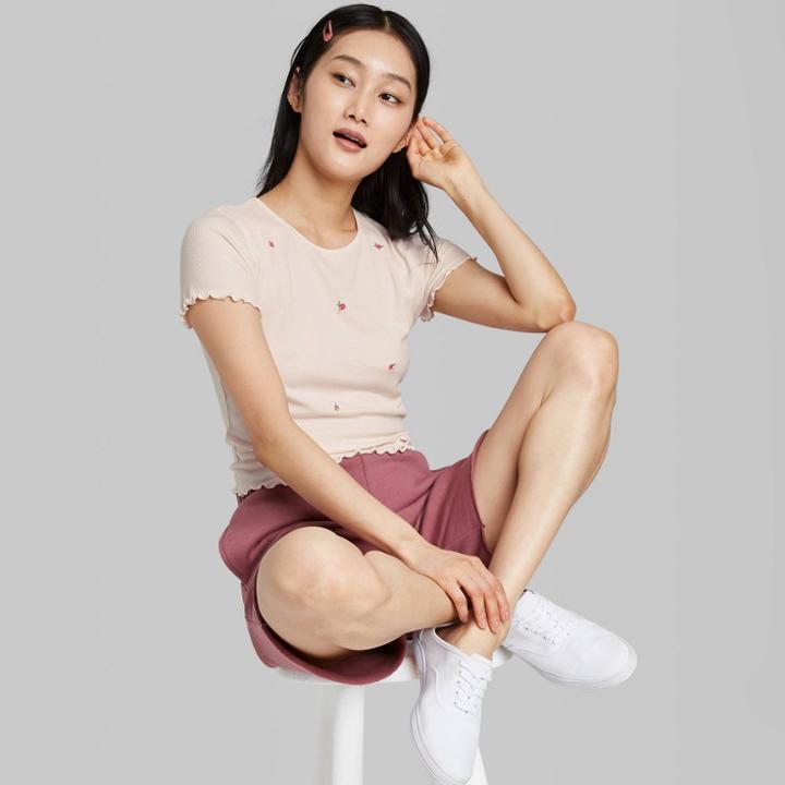 Women's Short Sleeve Lettuce Edge Baby T-shirt - Wild Fable Beige Rose Embroidery