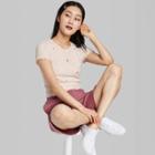 Women's Short Sleeve Lettuce Edge Baby T-shirt - Wild Fable Beige Rose Embroidery
