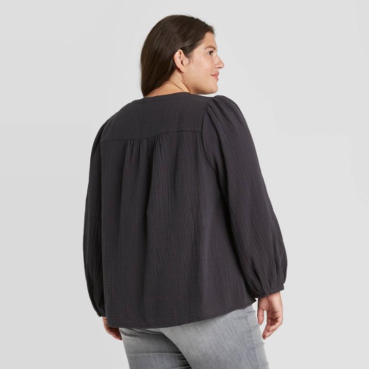 Women's Plus Size Puff Long Sleeve Button-front Blouse - Universal Thread Gray
