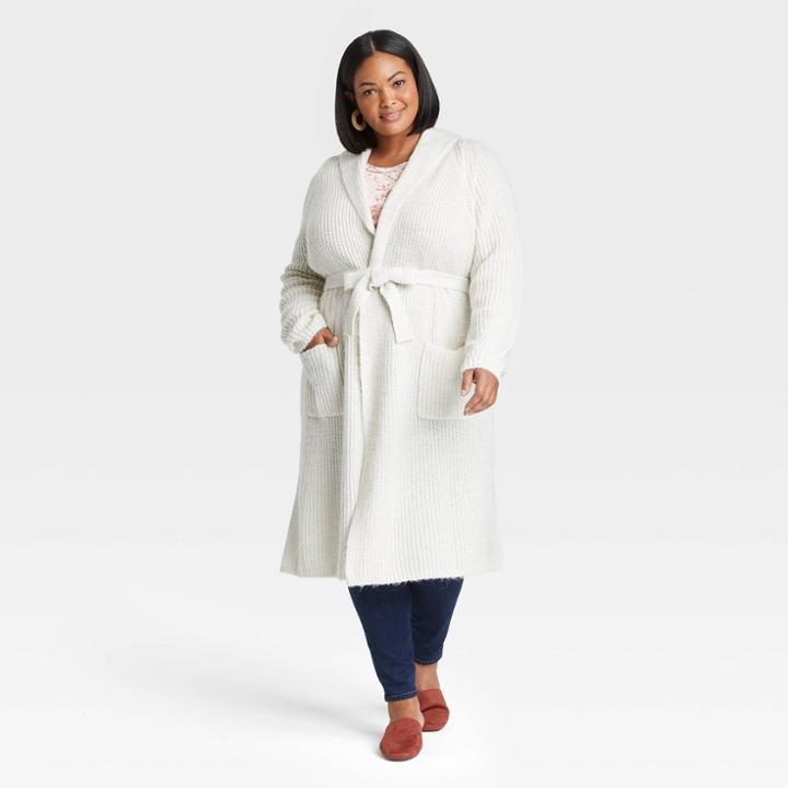 Women's Plus Size Tie-front Duster Cardigan - Ava & Viv Cream X, Ivory