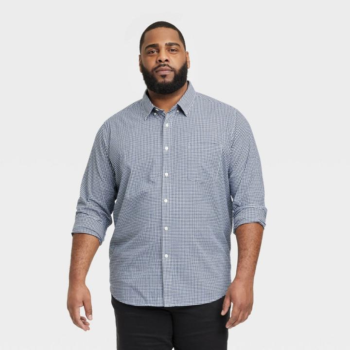 Men's Big & Tall Every Wear Long Sleeve Button-down Shirt - Goodfellow & Co Navy Gingham Mt, Blue Gingham
