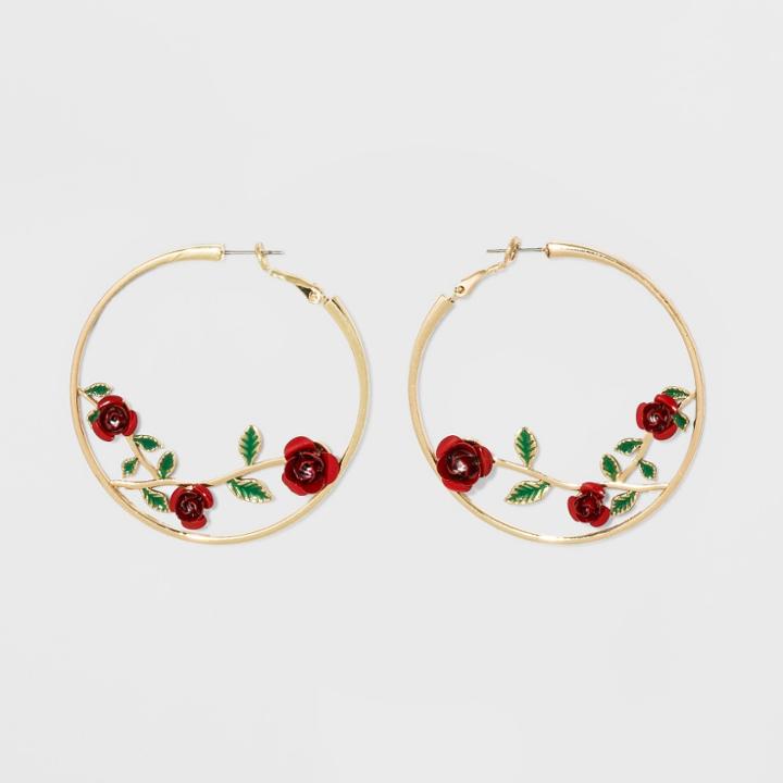 Target Roses And Leaves On Hoop Earrings - Wild Fable Gold, Red