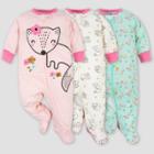 Gerber Baby Girls' 3pk Fox Zip-front Sleep N' Play - Pink/white/green Newborn
