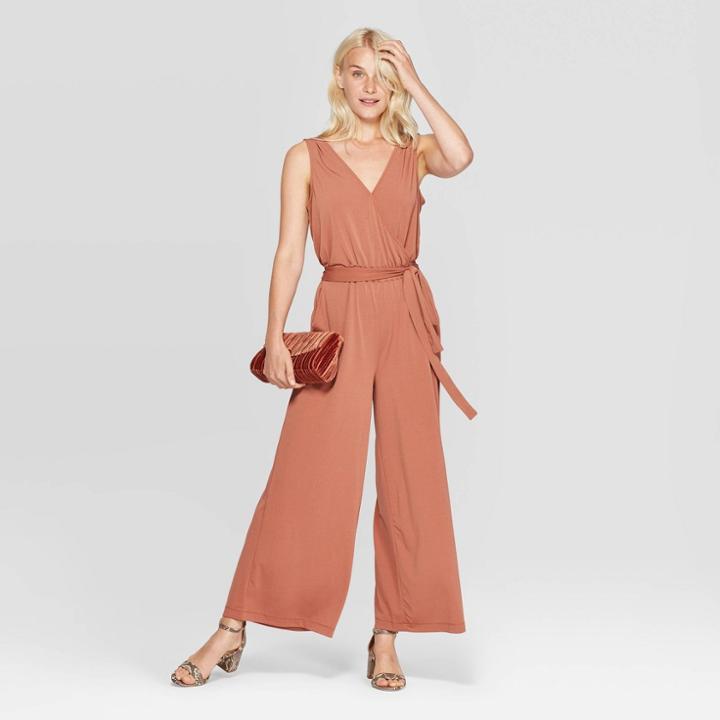 Women's Sleeveless V-neck Knit Jumpsuit - A New Day Brown