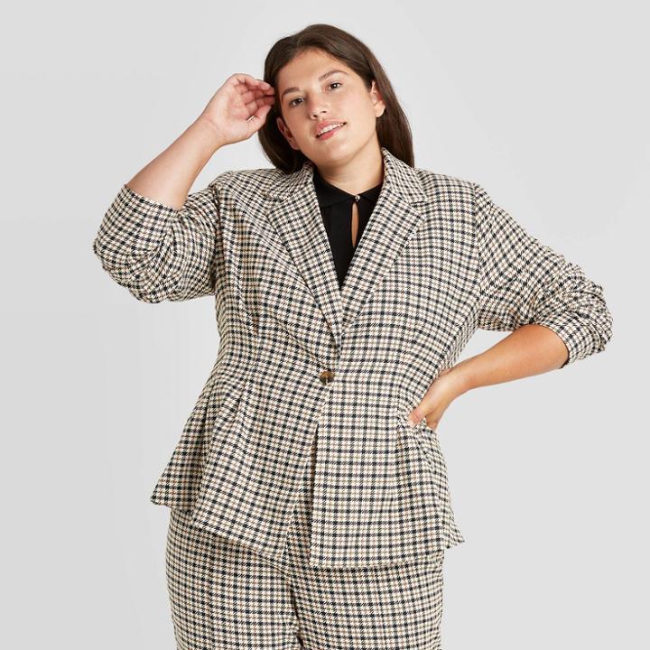 Women's Plus Size Plaid Cinched And Pleated Blazer - Who What Wear Beige